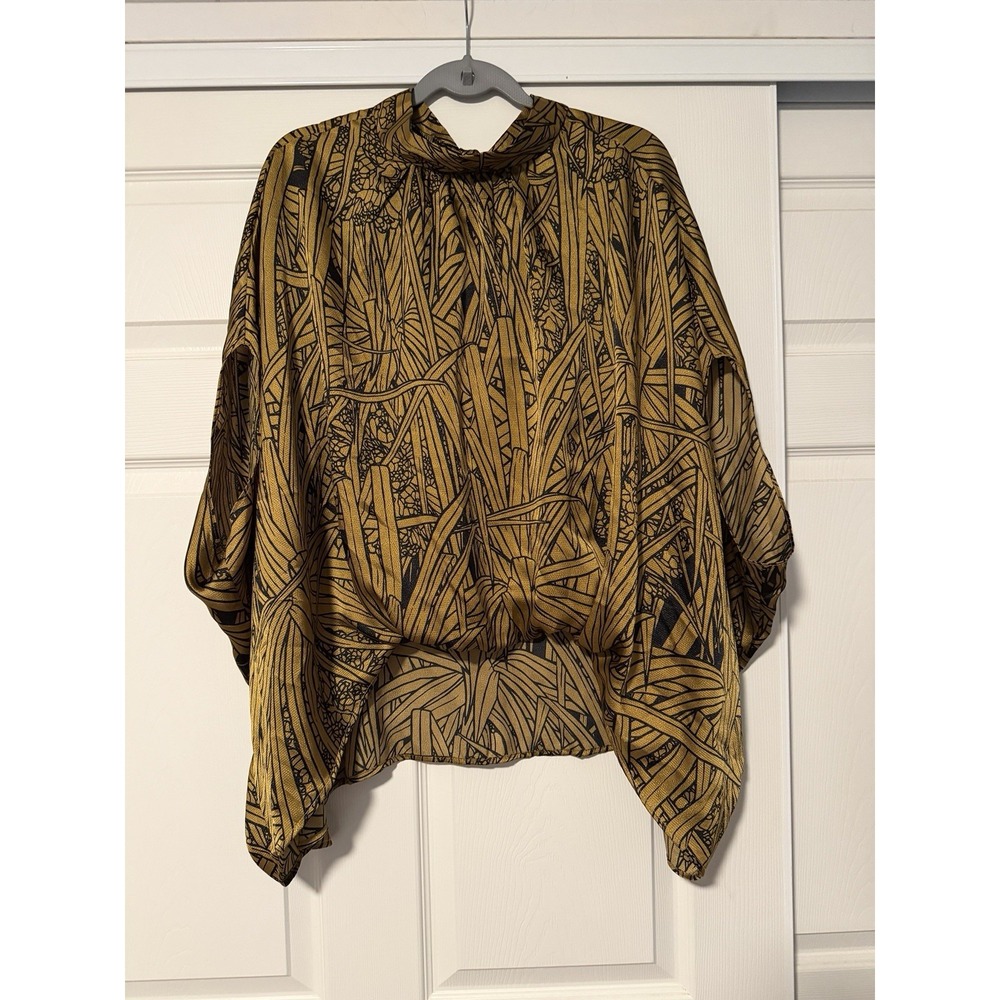 Manaola Oliana Kimono Top Hawaiian Uluhala Lauhala Print Flowy Mock Neck Bronze